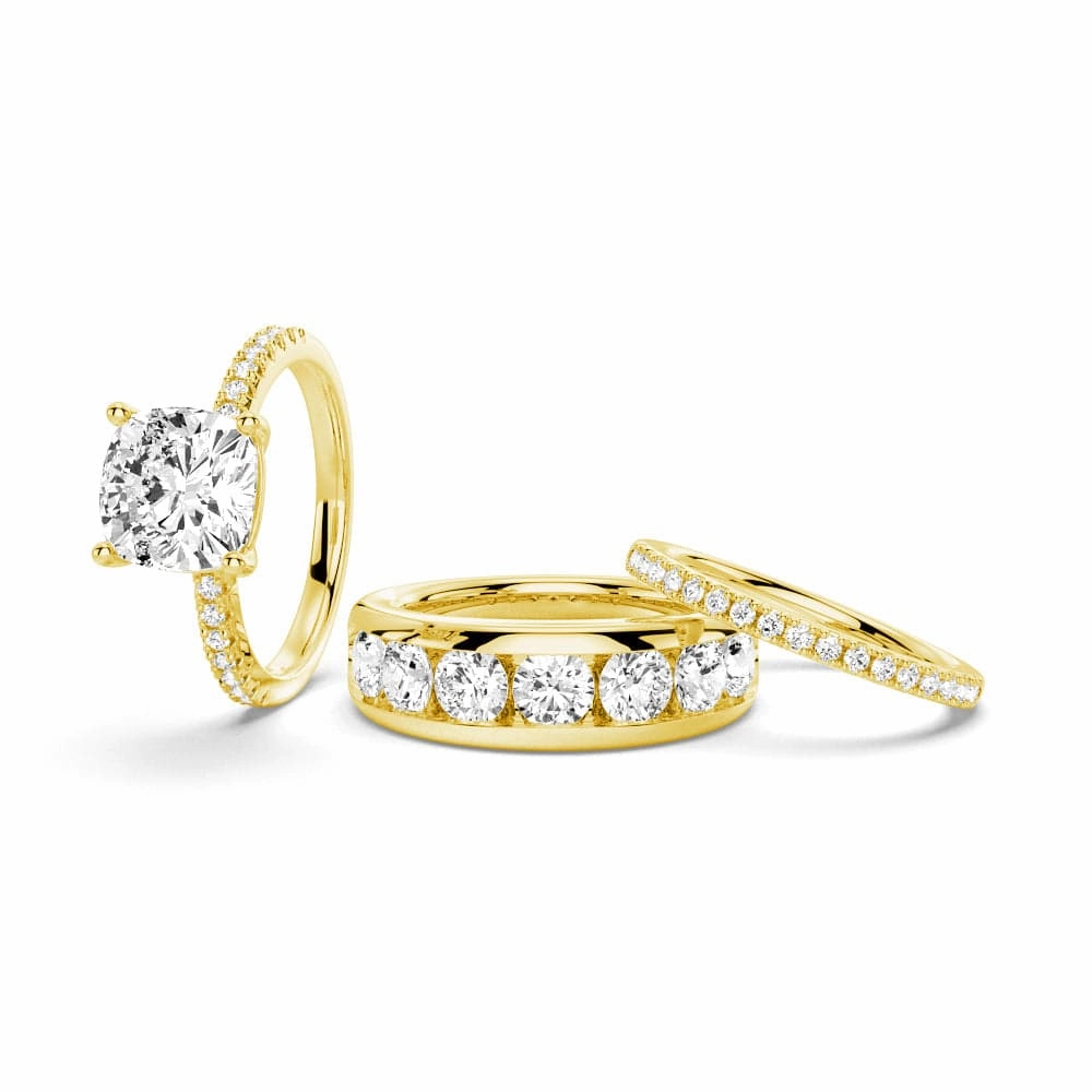 Glittery Accent 1.5 CT. Cushion Shaped Moissanite Couple's Ring Set with Men's Wedding Band