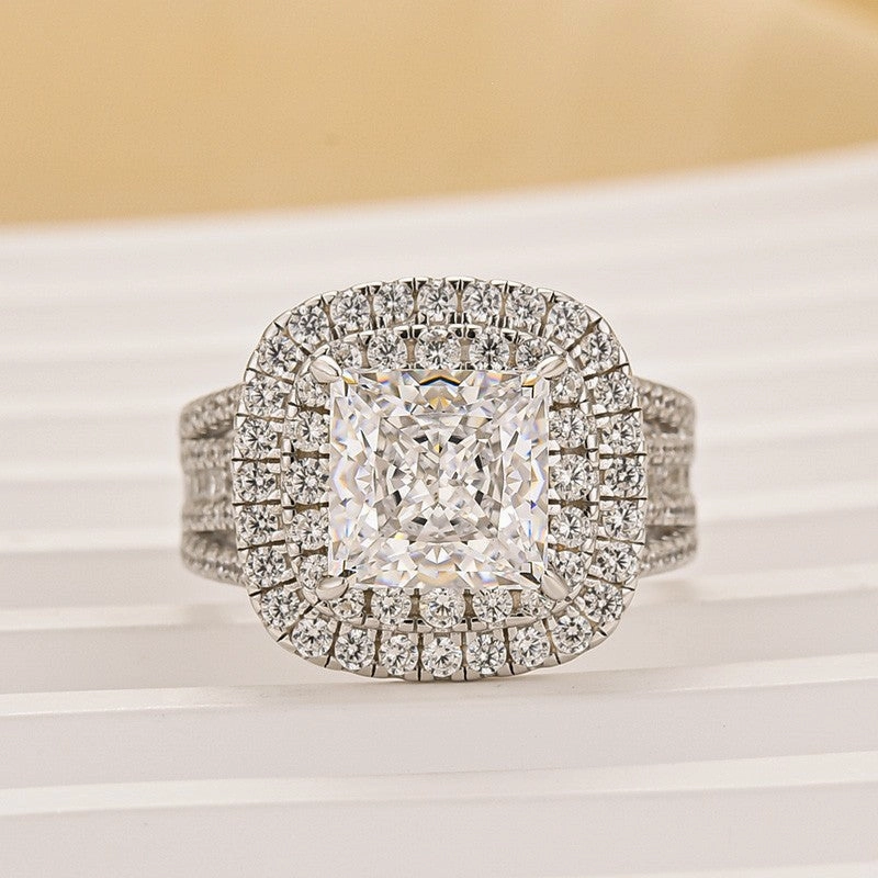 2.0Ct Princess Cut Double Halo Split Shank Engagement Ring In Sterling Silver Exclusive Embellishment