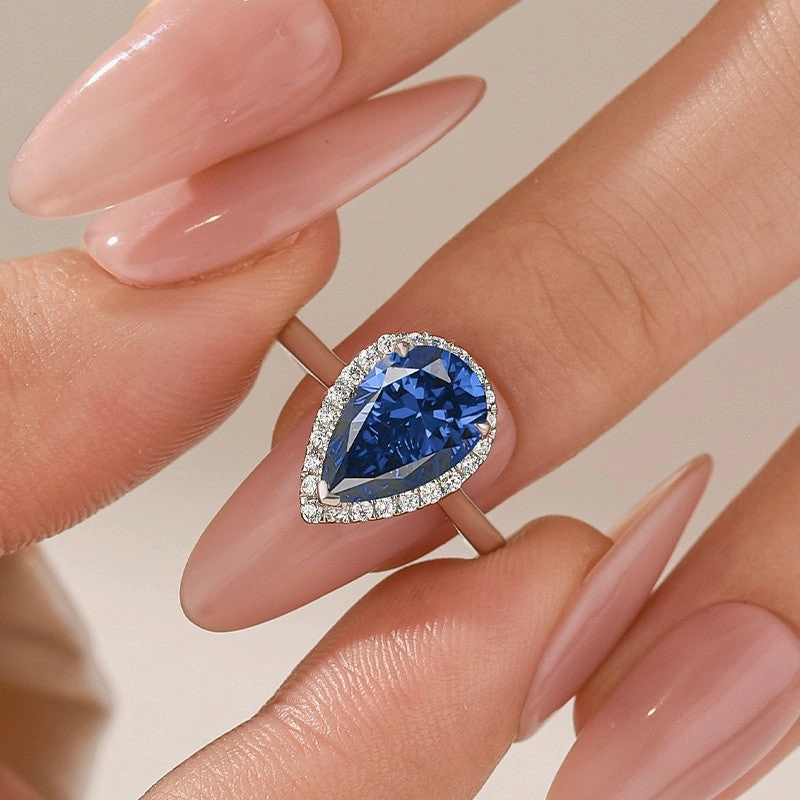 2.2Ct Halo Pear Cut Blue Stone Engagement Ring In Sterling Silver light texture Romantic Present