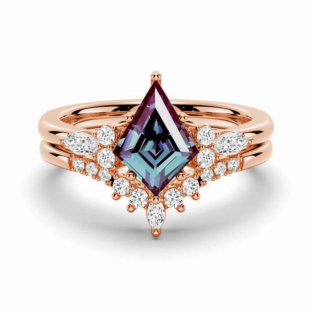 Unique Feature 2 CT. Art Deco Kite Cut Alexandrite Engagement Ring Set With Moissanite Accents