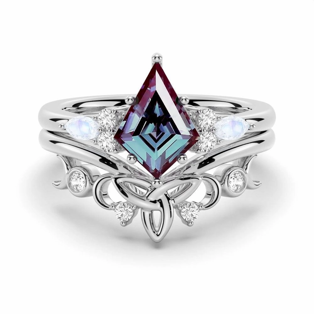 2 CT. Art Deco Unique Kite Cut Alexandrite Engagement Ring Set With Moonstone Accents Bright Choice