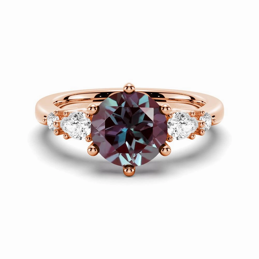 Luminous Sparkle Minimalist Edge 2 CT. Round Cut Alexandrite Engagement Ring With Pear Shaped Moissanite Accents