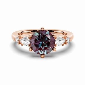 2 CT. Round Cut Alexandrite Engagement Ring With Pear Shaped Moissanite Accents Vibrant Touch Pieces Gleaming Edge