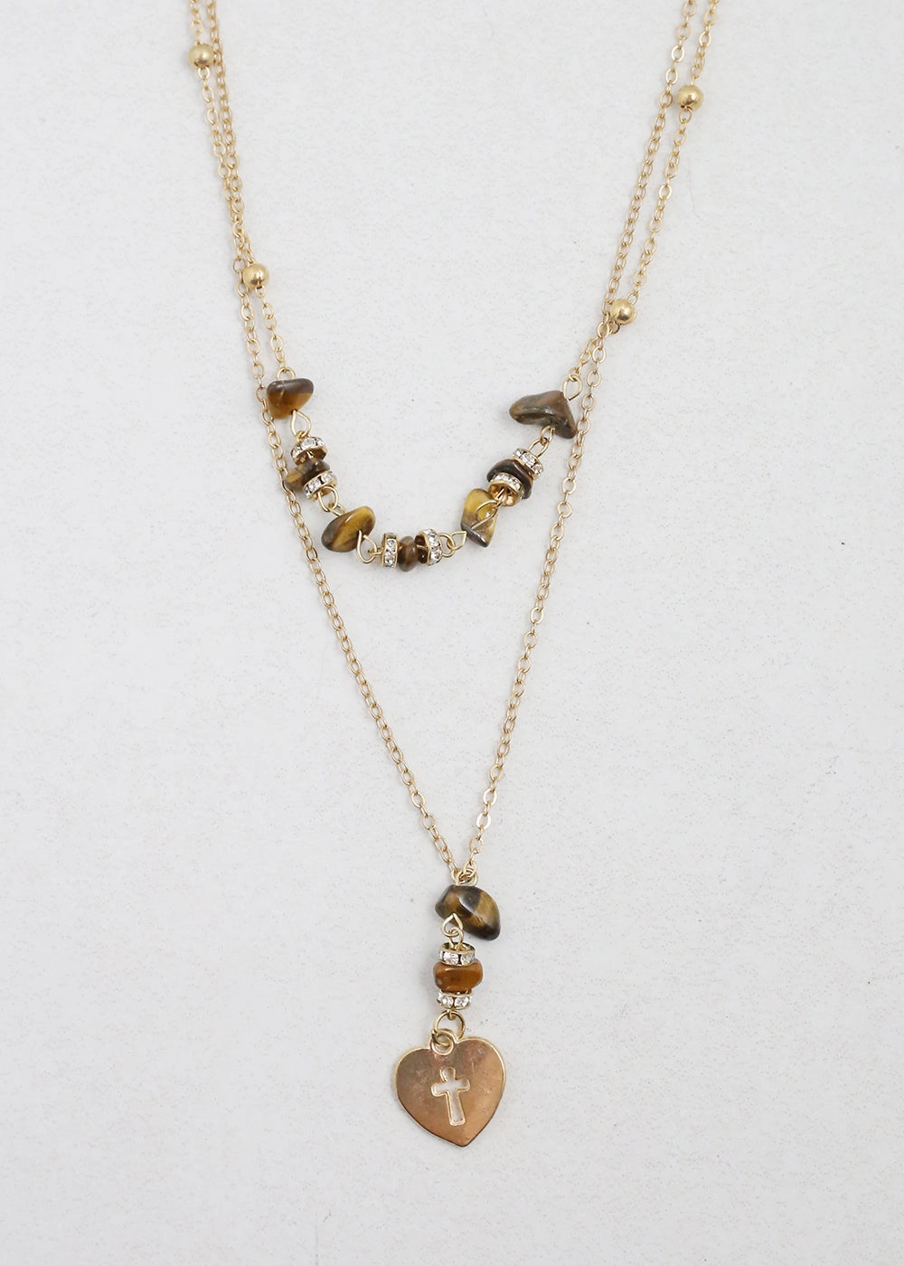 2 Layered Beaded Necklace with Heart & Cross Pendant Flawless Glow Elegant Pairing