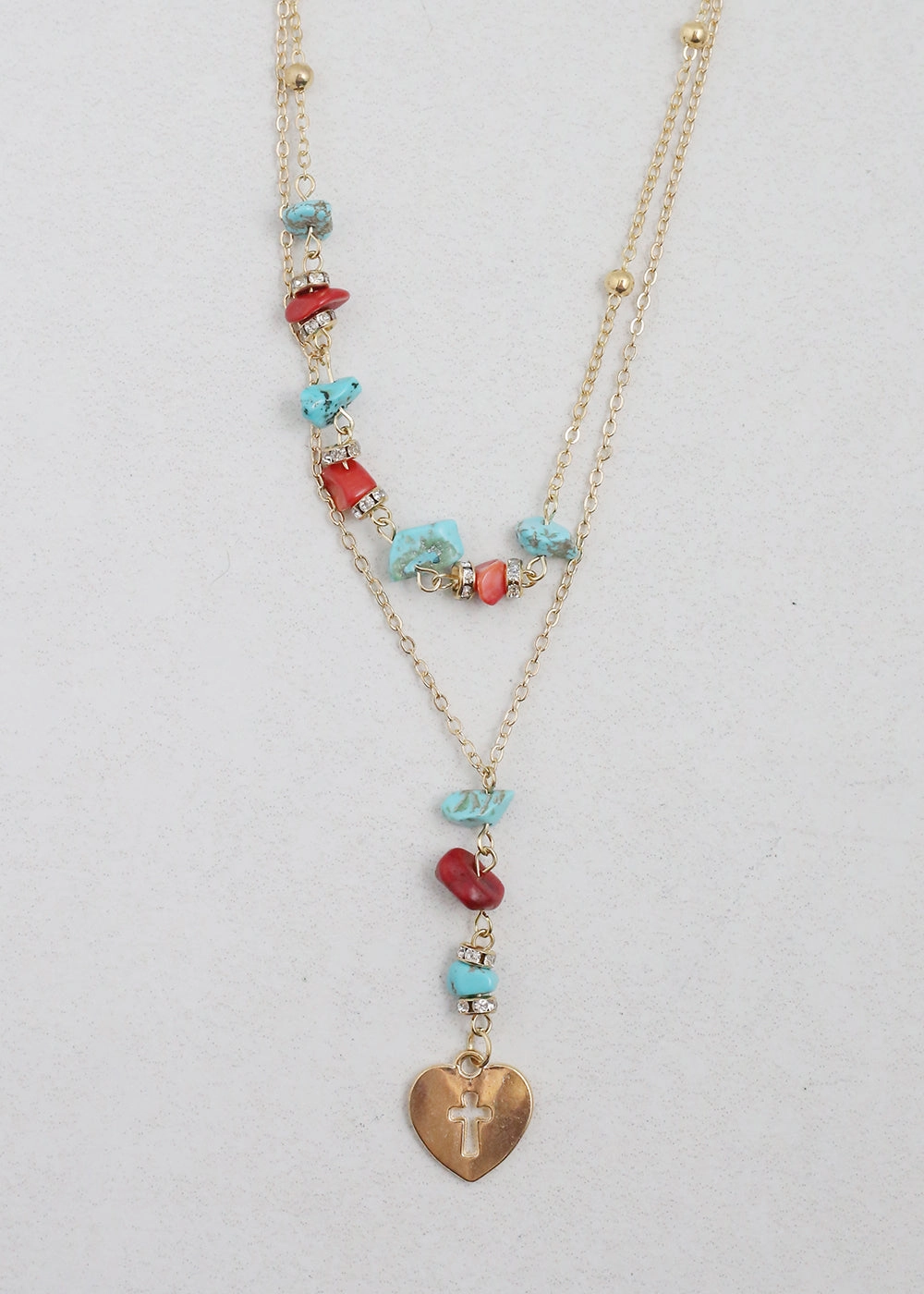 2 Layered Beaded Necklace with Heart & Cross Pendant Natural Fit Perfect Match