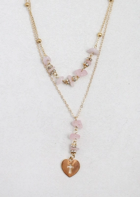 2 Layered Beaded Necklace with Heart & Cross Pendant Radiant Sparkle