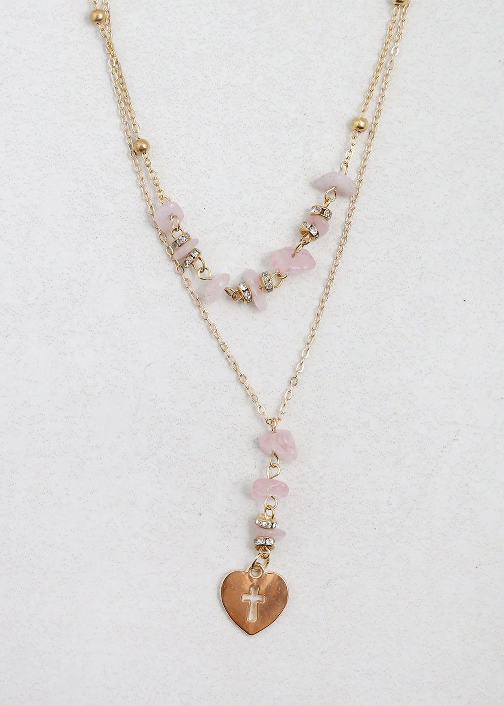 2 Layered Beaded Necklace with Heart & Cross Pendant Radiant Sparkle