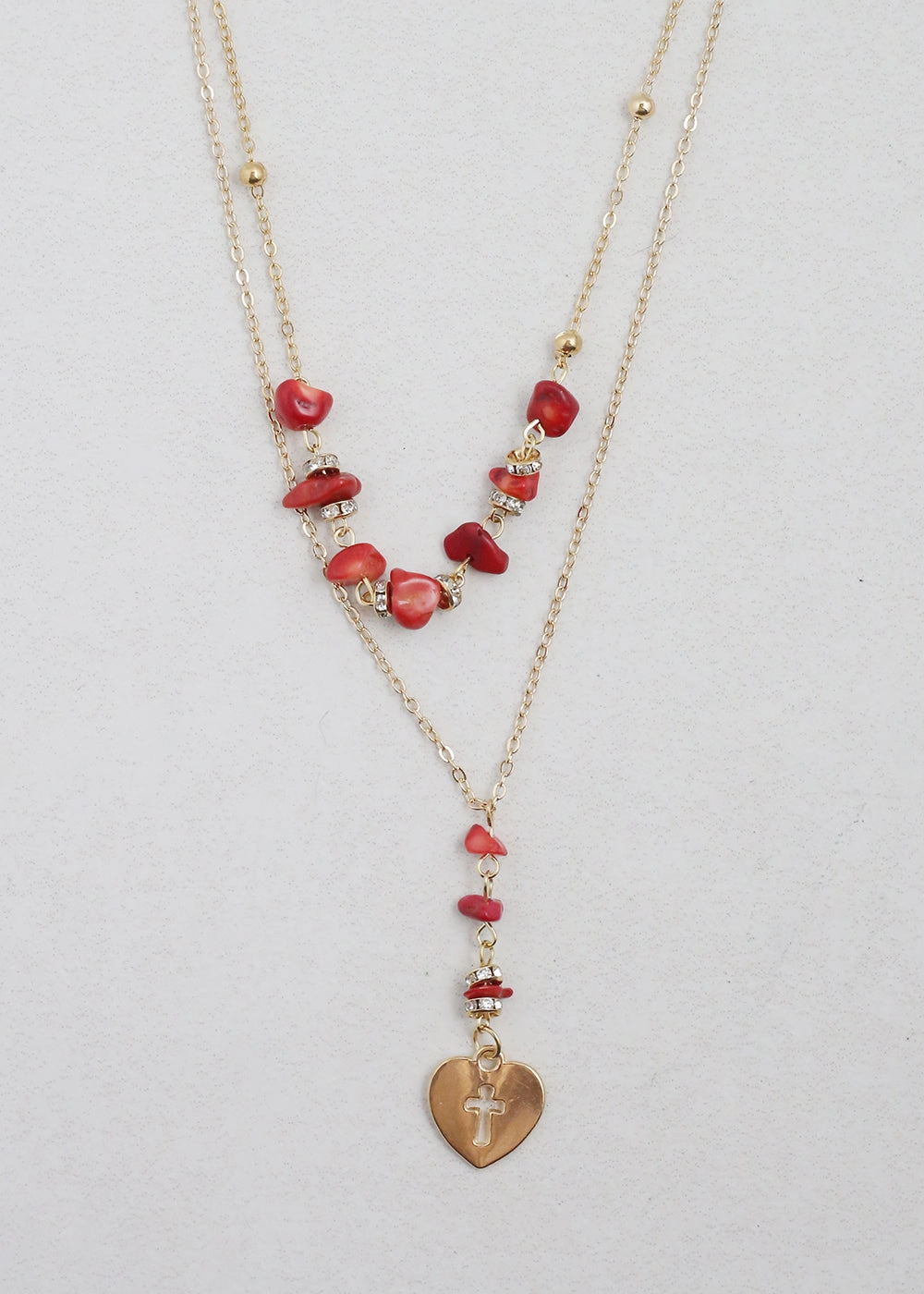 Contemporary Craft 2 Layered Beaded Necklace with Heart & Cross Pendant