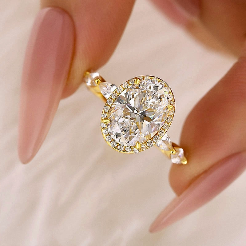 Wonderful Expression 3.0Ct Halo Oval Cut Yellow Gold Promise Ring Engagement Ring For Her