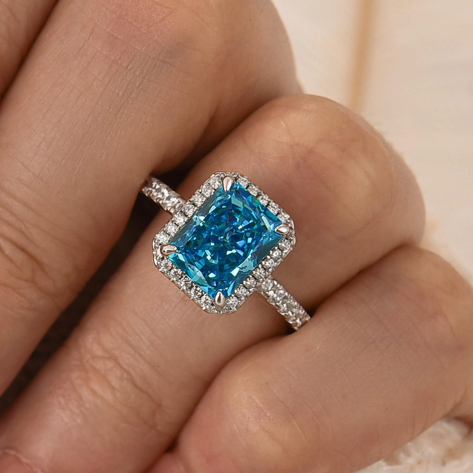 Wonderful Work Brilliant Gift 3.0Ct Radiant Cut Halo Engagement Ring Travel Ring In Sterling Silver