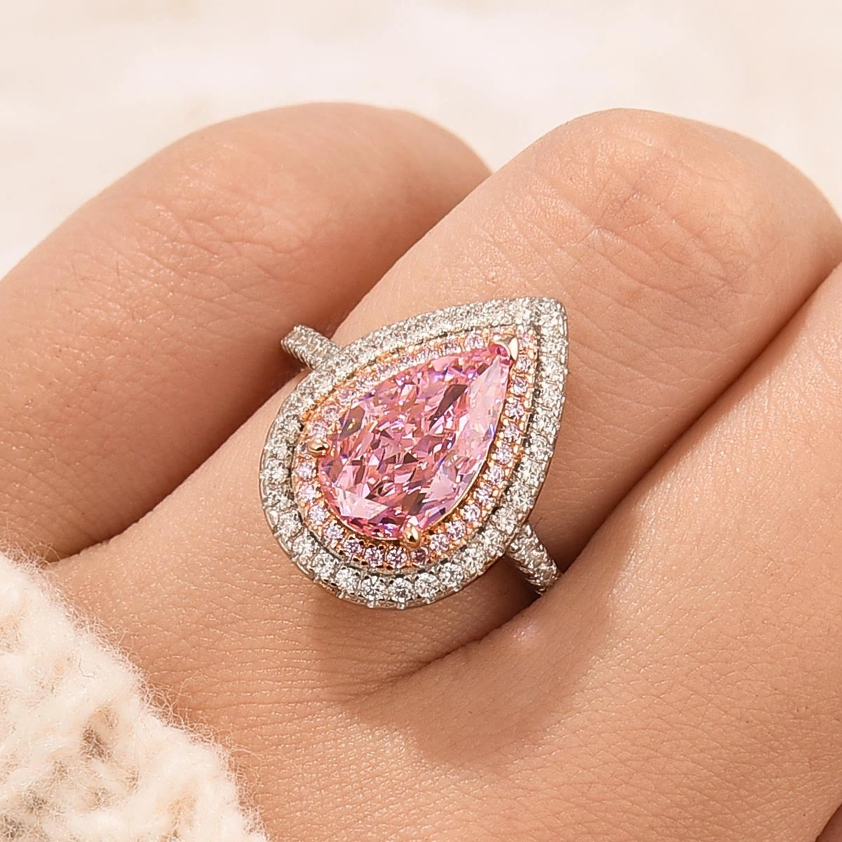 3.5 Carat Double Halo Pear Cut Engagement Ring Travel Ring Quiet Style