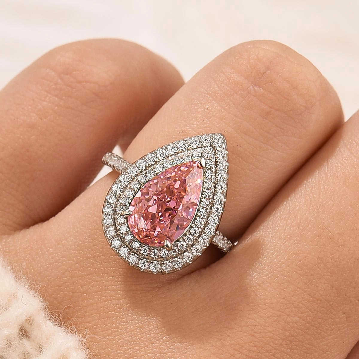 3.5 Carat Double Halo Pear Cut Engagement Ring Travel Ring Lovely Look