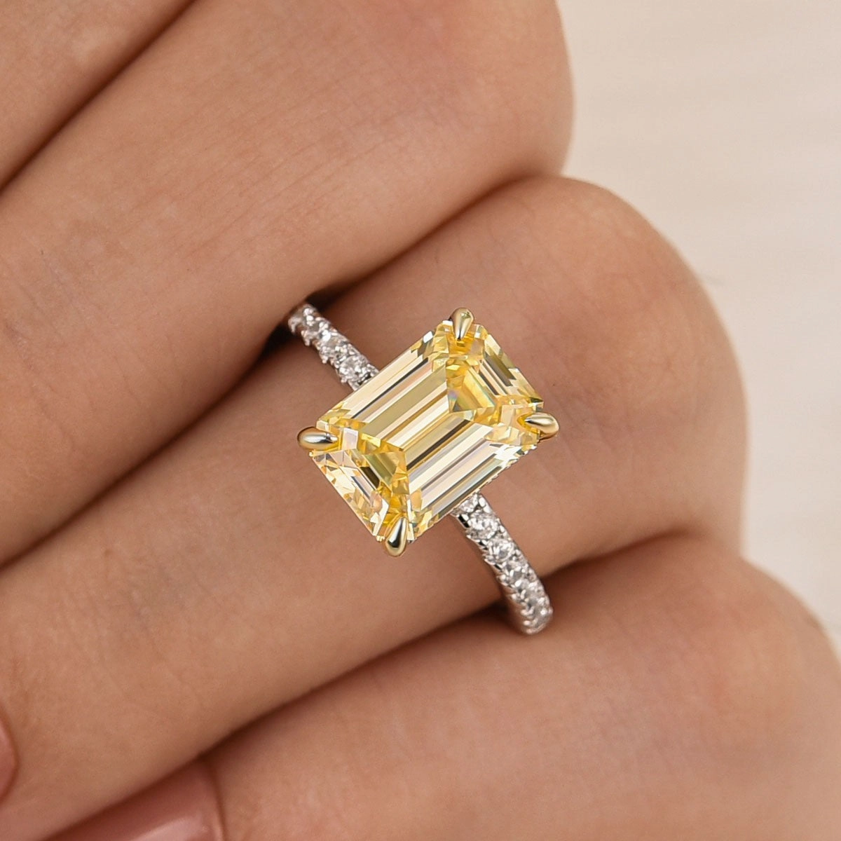 3.5Ct Emerald Cut Yellow Two-Tone Engagement Ring In Sterling Silver daily accessory Trendy Embellishment