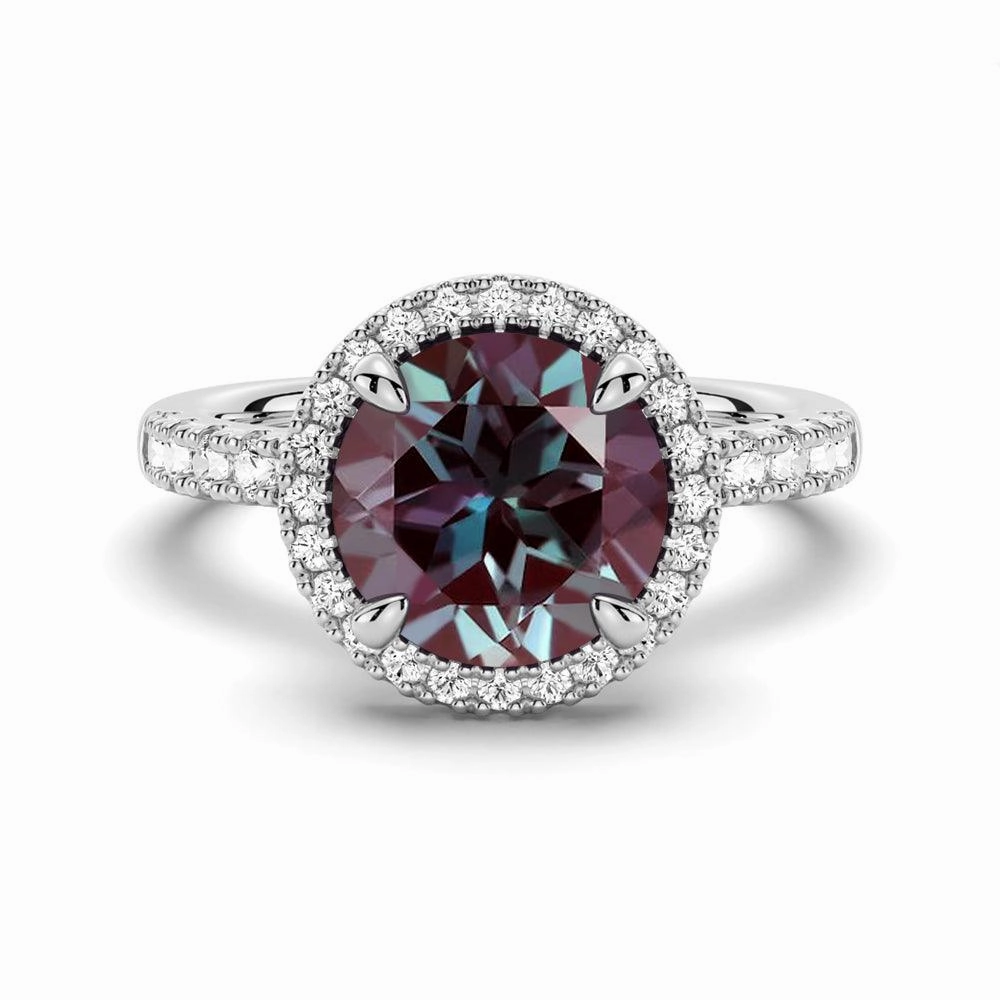 Radiant Shine Look 3 CT. Round Cut Alexandrite Engagement Ring With Moissanite Halo Pav??