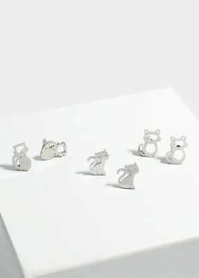 3-Pair Cats Stud Earrings Radiant Surface Natural Shine