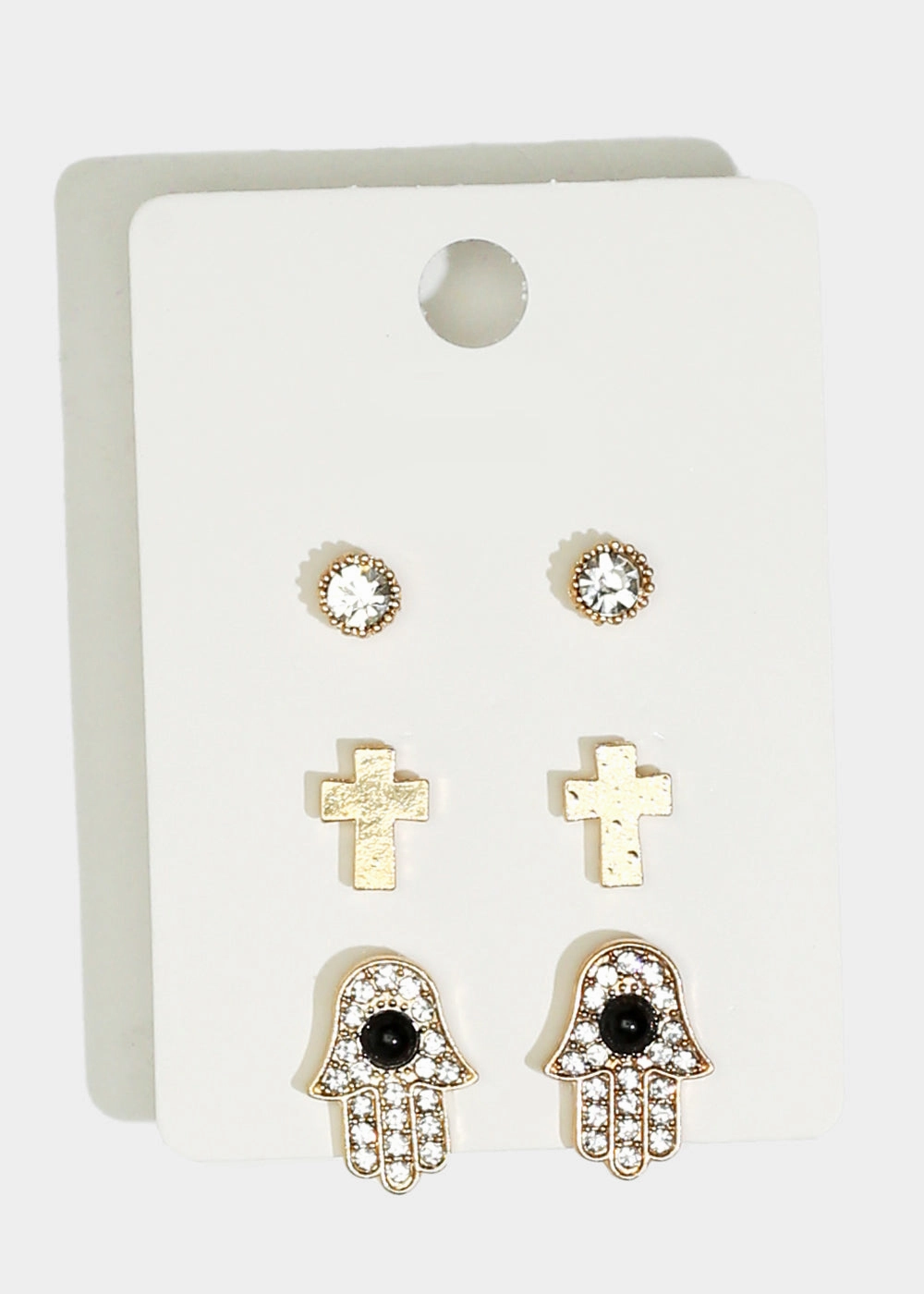 Fresh Form Daily Look 3-Pair Cross & Hamsa Hand Stud Earrings
