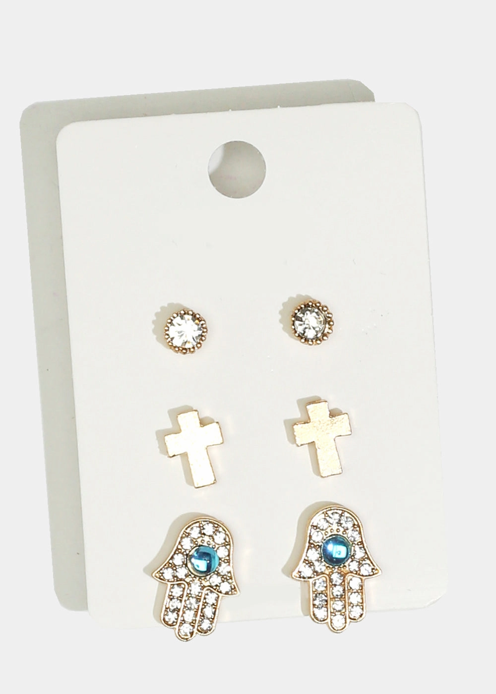 3-Pair Cross & Hamsa Hand Stud Earrings Shining Detail