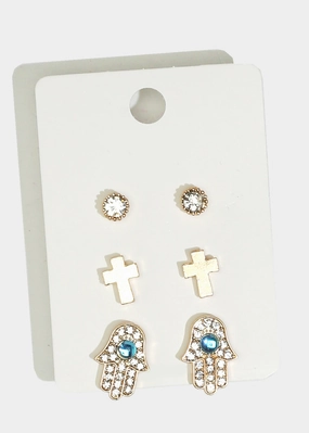 3-Pair Cross & Hamsa Hand Stud Earrings Shining Detail