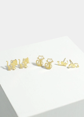 Polished Surface 3-Pair Cute Cats Stud Earrings