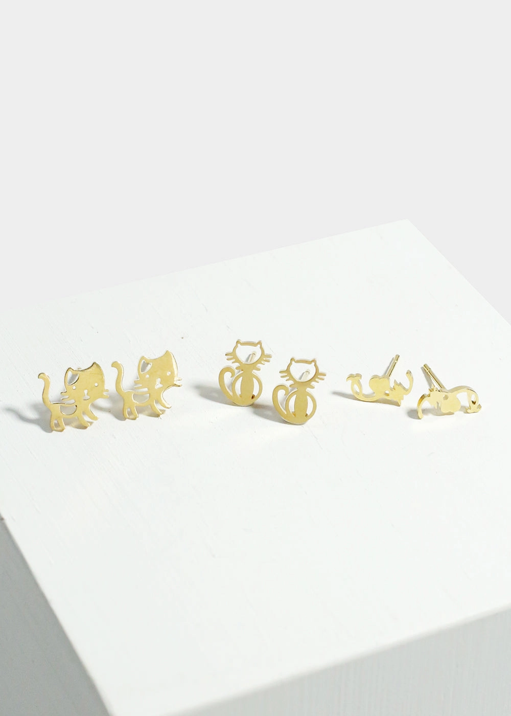 Polished Surface 3-Pair Cute Cats Stud Earrings