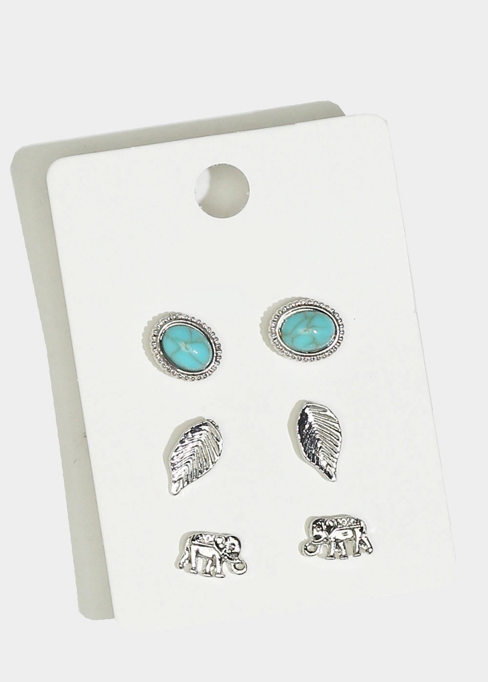 3-Pair Elephant & Leaf Stud Earrings Unique Edge