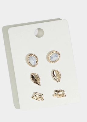Distinctive Style 3-Pair Elephant & Leaf Stud Earrings