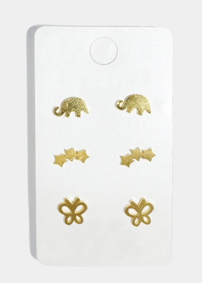 3-Pair Elephant, Star & Butterfly Stud Earrings Weekend Style Luxe Moment