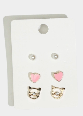Elegant Mood Timeless Form 3-Pair Heart & Cat Stud Earrings