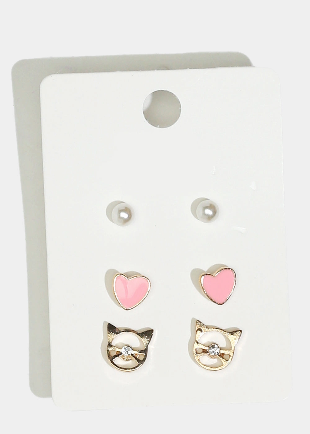 Elegant Mood Timeless Form 3-Pair Heart & Cat Stud Earrings