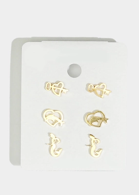 3-Pair Heart & Dolphin Stud Earrings Stylish Choice Refined Look
