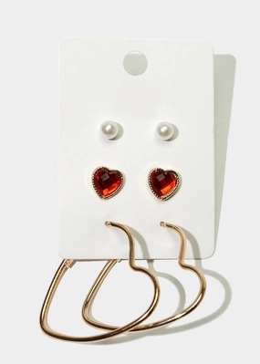3-Pair Heart Earrings Gleam Accent Bold Layer