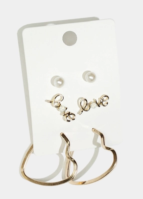 3-Pair "LOVE" & Heart Hoop Earrings Cozy Detail Radiant Glam