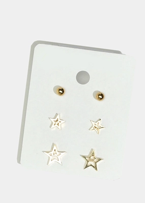 3-Pair Star Stud Earrings Boho Accent Sparkling Jewelry
