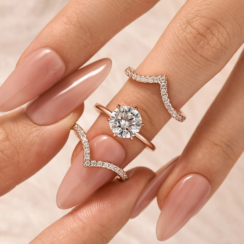 3PC 2.0Ct Round Cut Wedding Ring Set With Two V-shaped Design Wedding Bands Fashion Look Durable Symbol