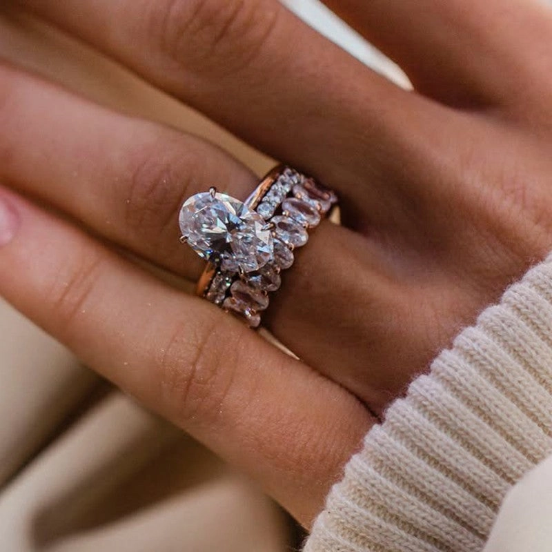 Year Round 3PC 4.0Ct Oval Cut Wedding Ring Set With Oval Cut Wedding Band & Open Wedding Band