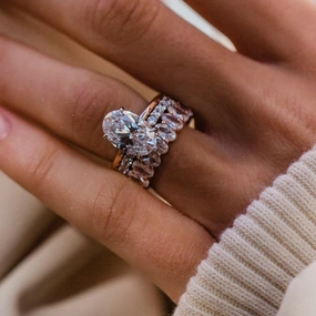 3PC 4.0Ct Oval Cut Wedding Ring Set With Oval Cut Wedding Band & Open Wedding Band Lustrous Accent Low Key