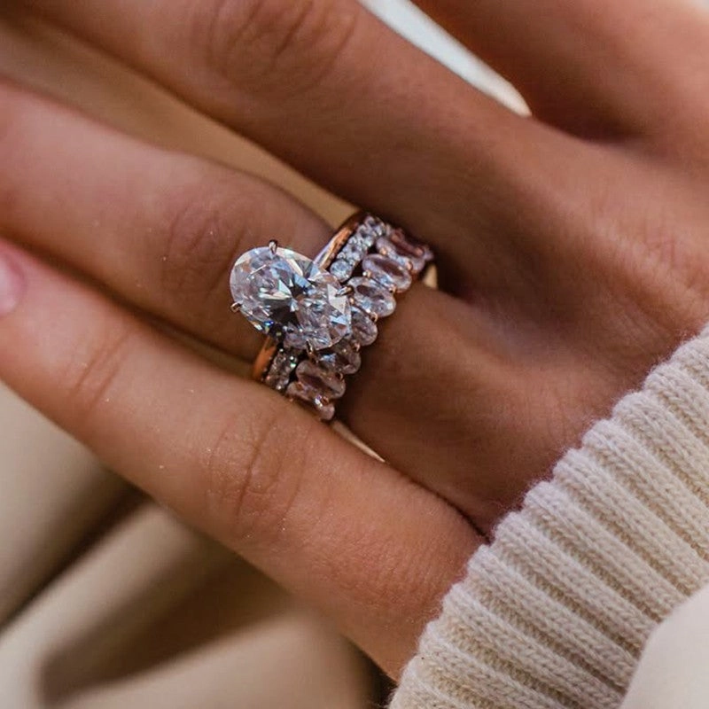 High-End Piece Office Accessory 3PC 4.0Ct Oval Cut Wedding Ring Set With Oval Cut Wedding Band & Open Wedding Band