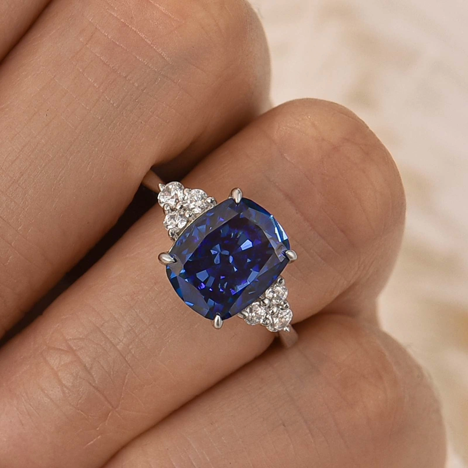 Custom Accessory Petite Design 4.0Ct Cushion Cut Side Stone Engagement Ring Travel Ring In Sterling Silver