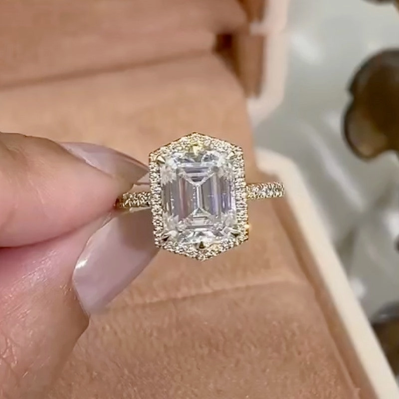 4.0Ct Emerald Cut Halo Engagement Ring Travel Rings In Sterling Silver Holiday look Storage Solution