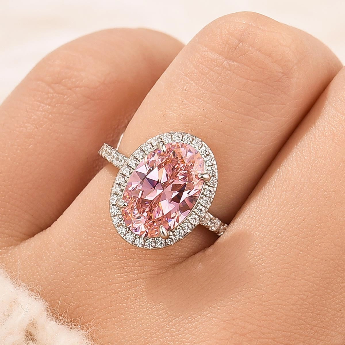 4.0Ct Halo Oval Cut Pink Engagement Ring For Women In Sterling Silver High-End Expression