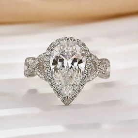 Resilient Look 4.0Ct Halo Pear Cut Twist Travel Ring In Sterling Silver