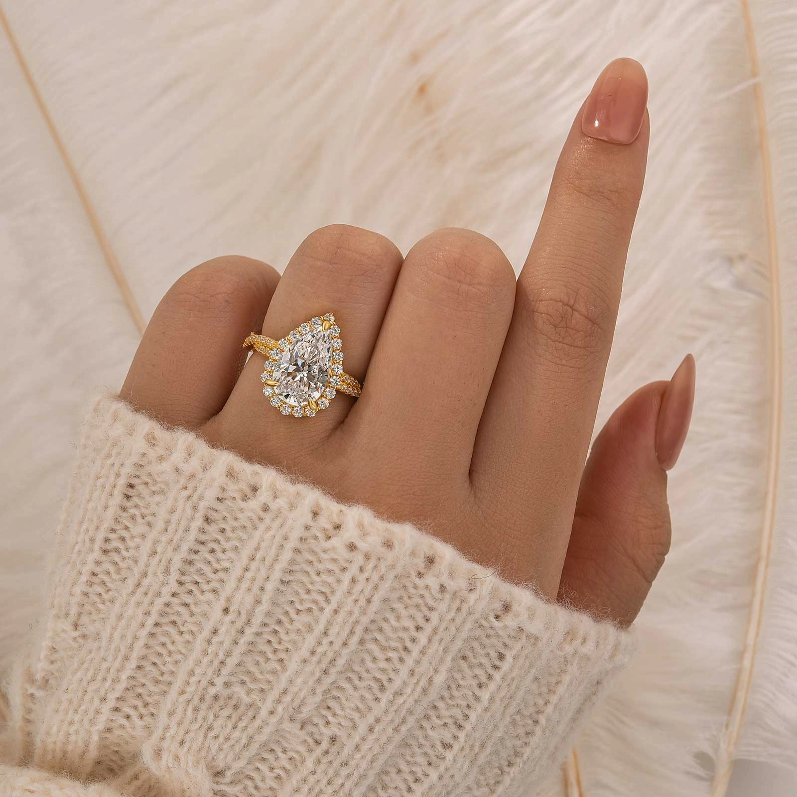 4.0Ct Pear Cut Twist Halo Engagement Ring In Sterling Silver Hexagonal Style Work Friendly