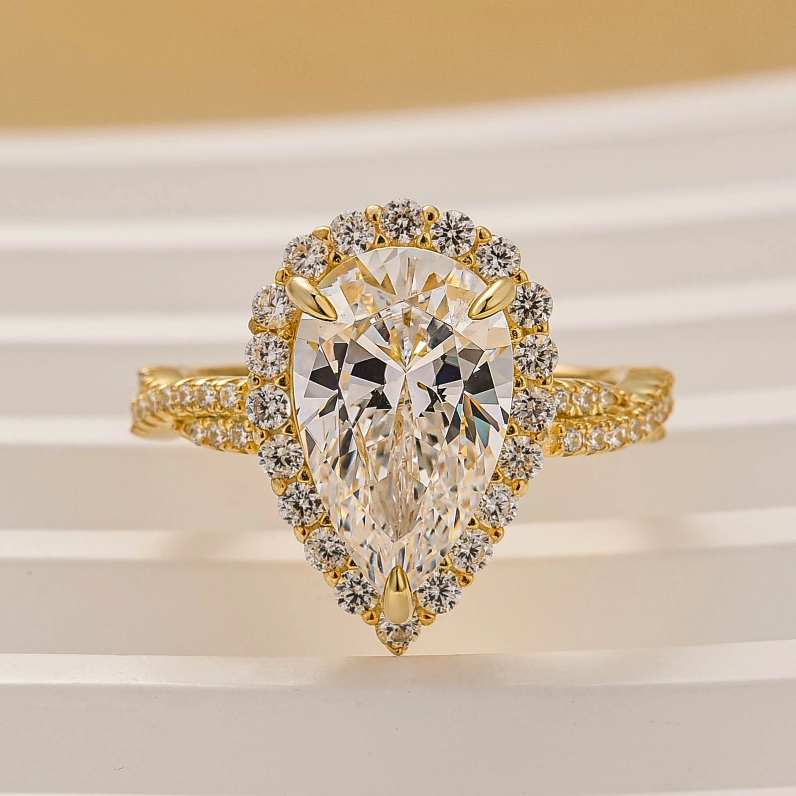 4.0Ct Pear Cut Twist Halo Engagement Ring In Sterling Silver Shimmer Accent Quality Jewelry