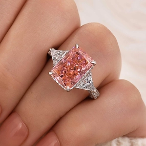 5.0 Carat Pink Radiant Cut Three Stone Engagement Ring With Hidden Halo Gentle Balance Unique Keepsake
