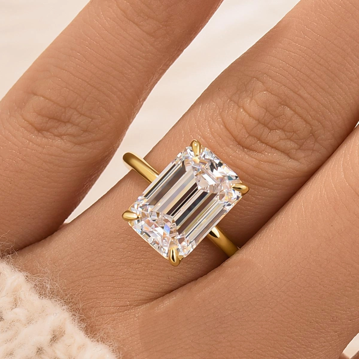 5.0 Carat Yellow Gold Emerald Cut Solitaire Engagement Ring Dramatic Detail Luxury Feel