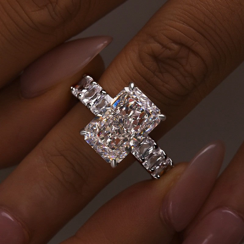 Luxury Texture 5.0Ct Radiant Cut Hidden Halo Half Engagement Ring In Sterling Silver