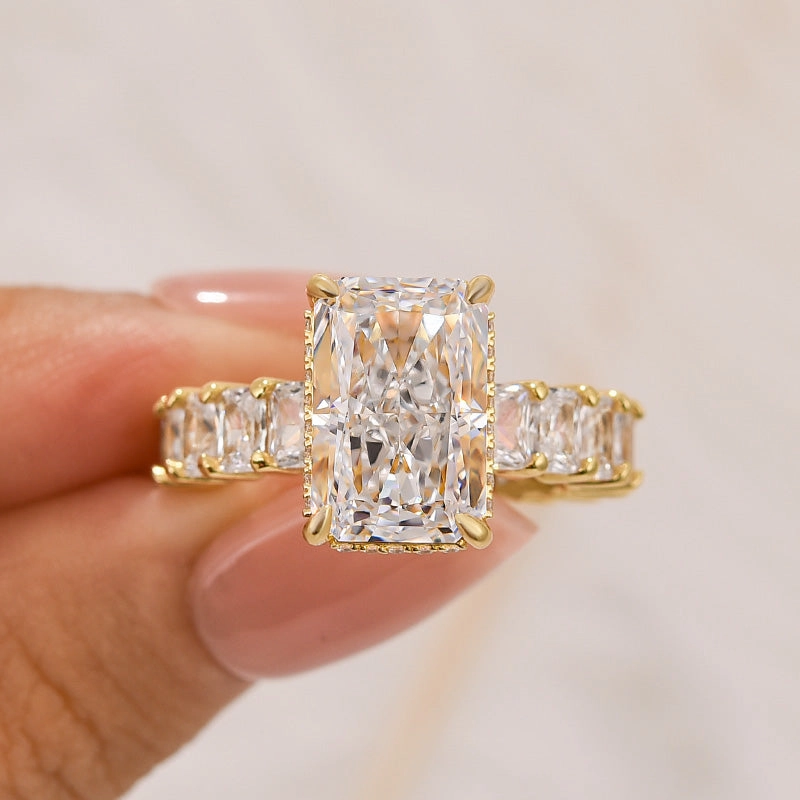 Delicate Emblem 5.0Ct Radiant Cut Hidden Halo Luxe Engagement Ring In Sterling Silver