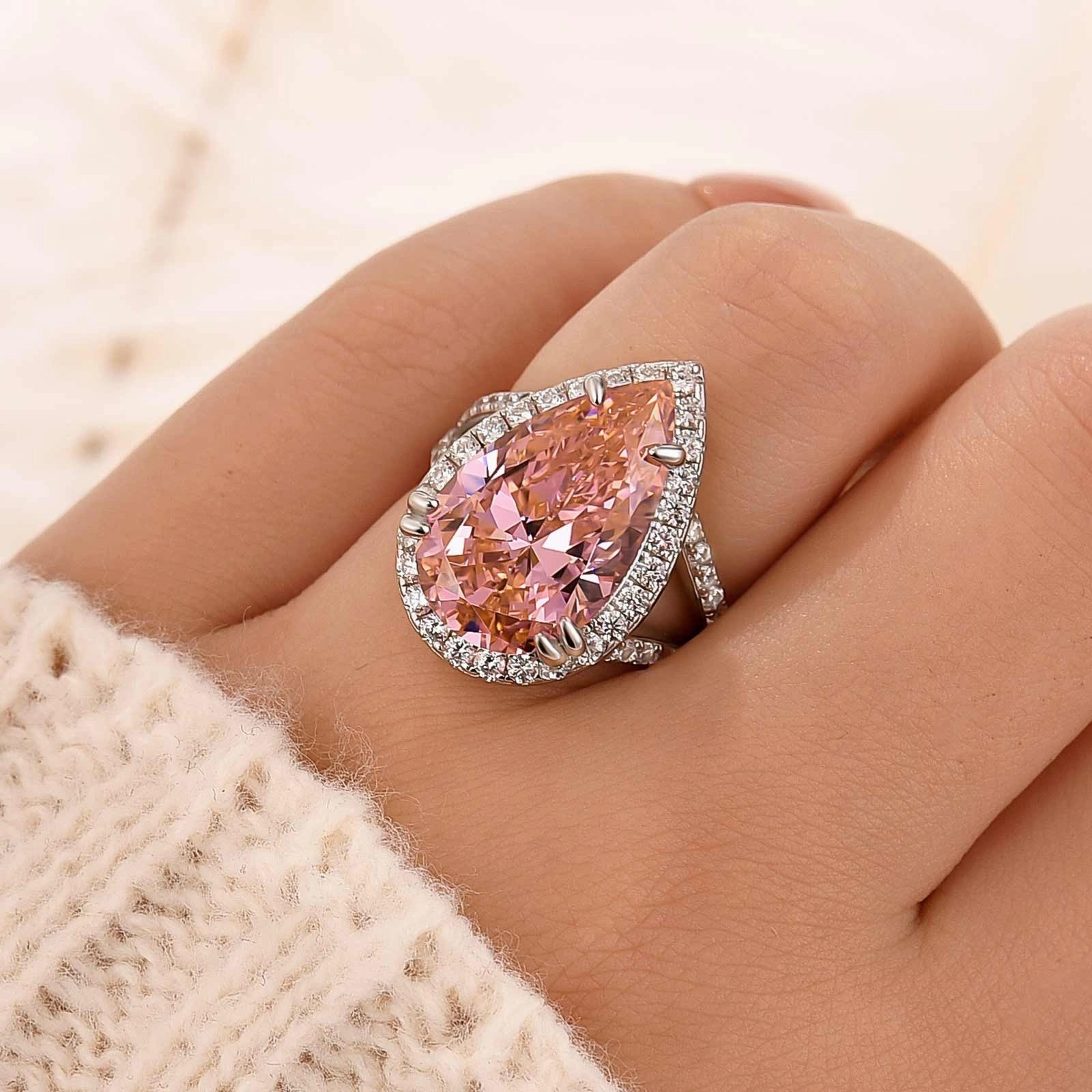 6.5Ct Pear Cut Pink Stone Halo Engagement Ring In Sterling Silver Secure Style