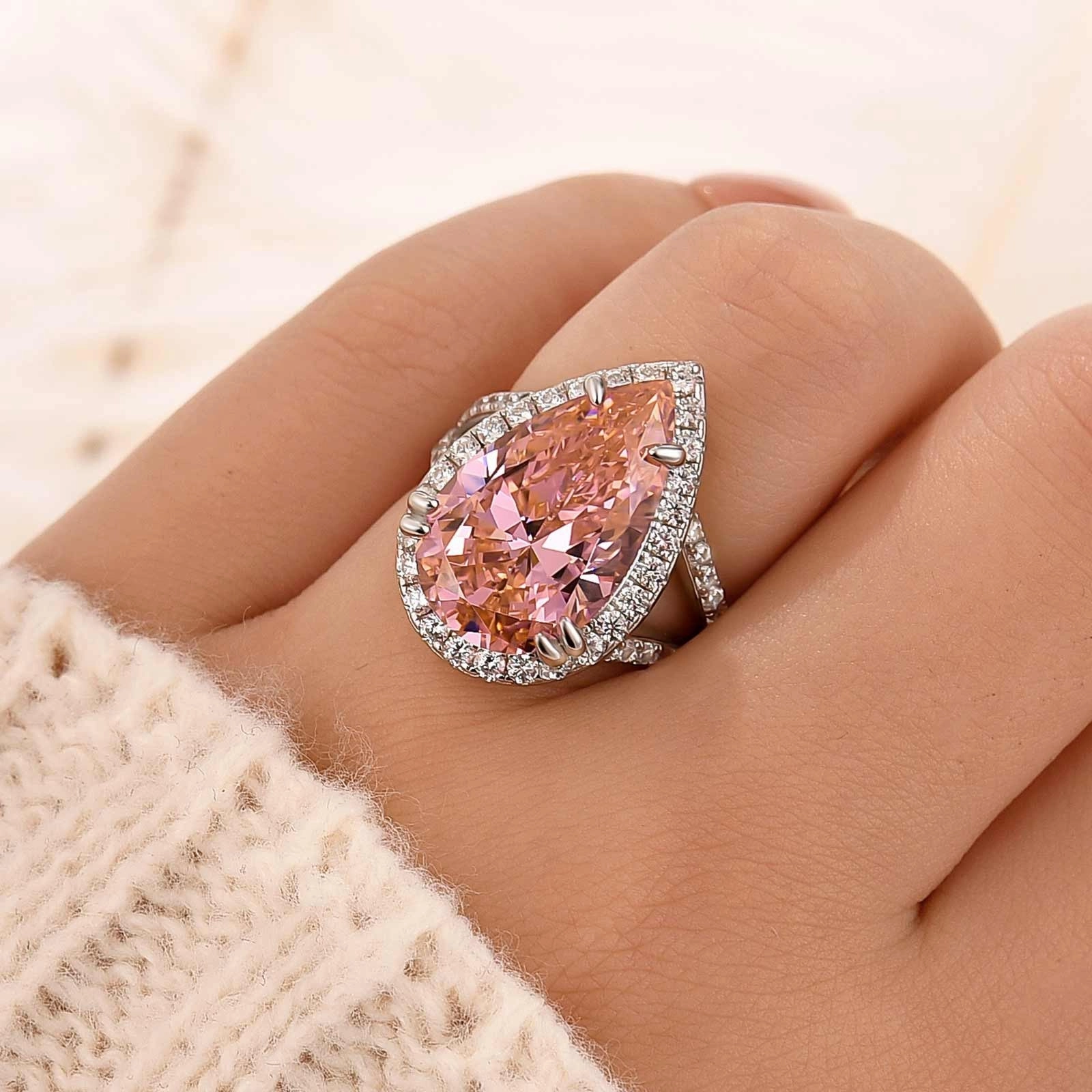 Custom Creation 6.5Ct Pear Cut Pink Stone Halo Engagement Ring In Sterling Silver
