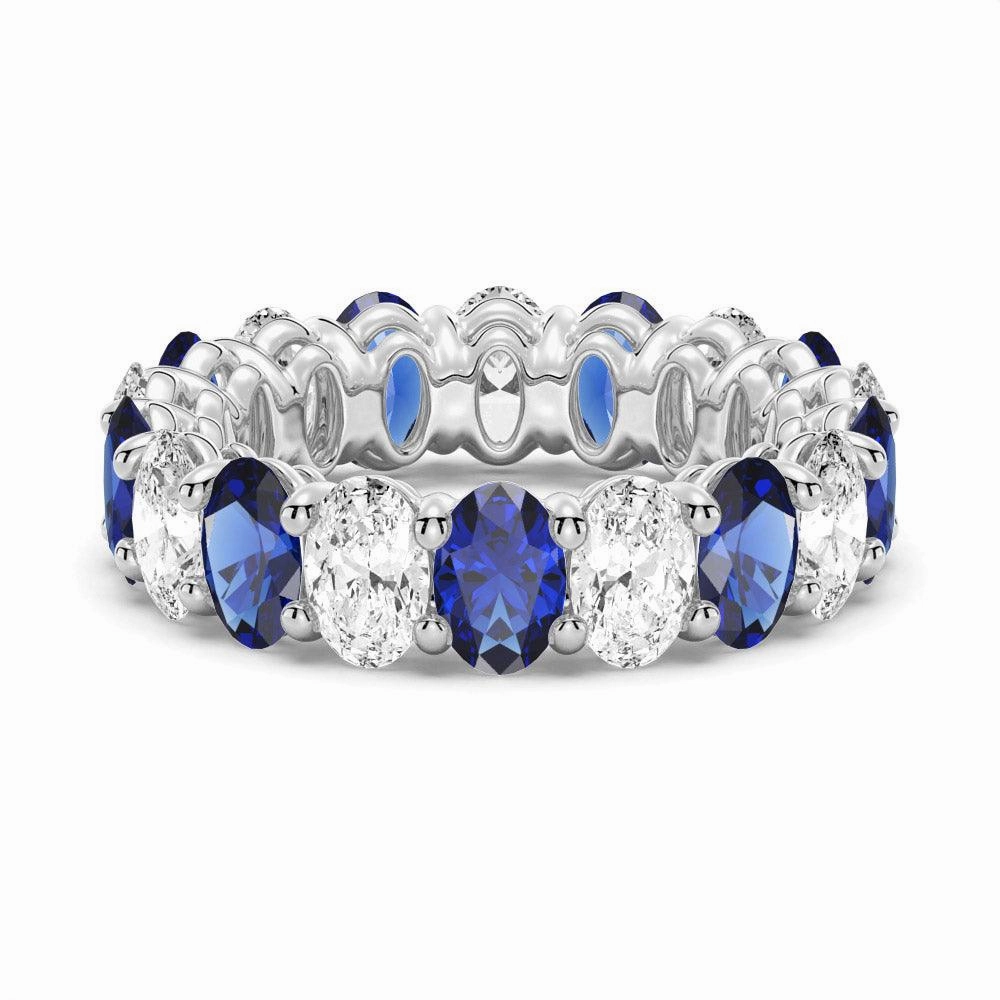 Handcrafted Design 6.6 CT. Lab Grown White Sapphire with  Blue Sapphire Gemstone Band